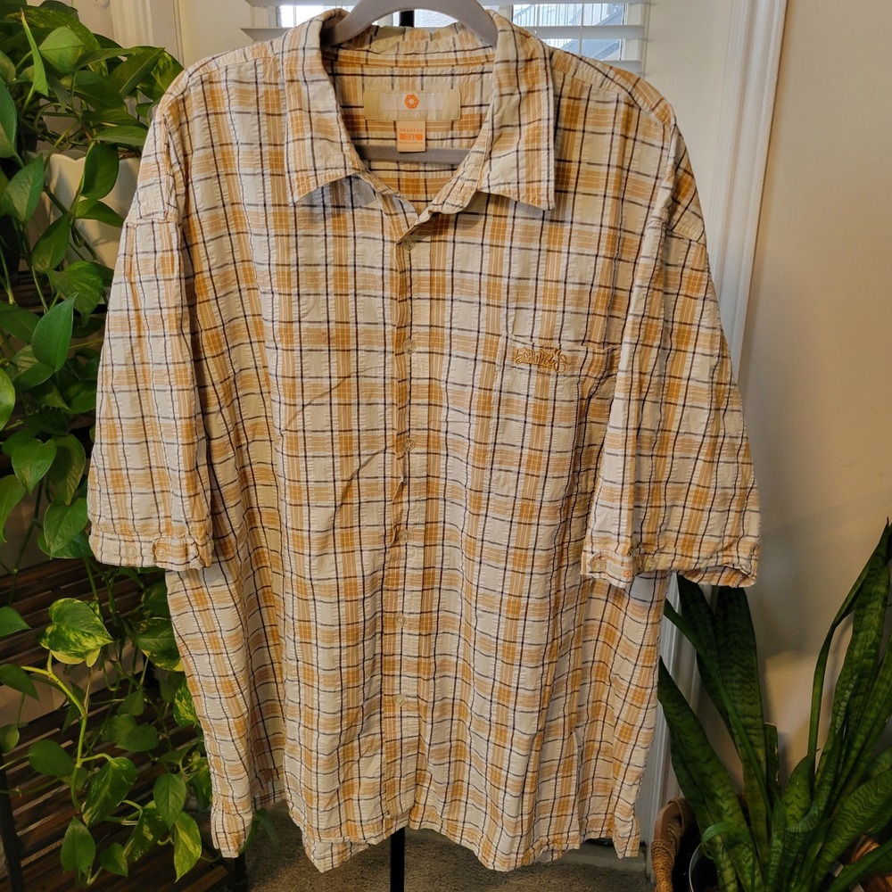 Southpole Mens 3XL Plaid Short Sleeve Button Down Shirt Orange White Seersucker